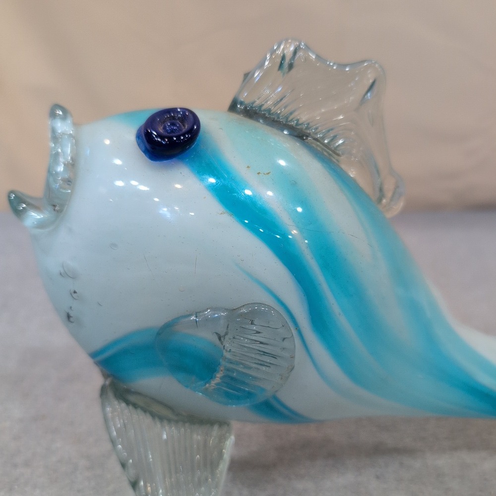 Hand Blown Art Glass Fish Figurine Blue White Swirl Nautical Decor Sculpture - Picture 5 of 8